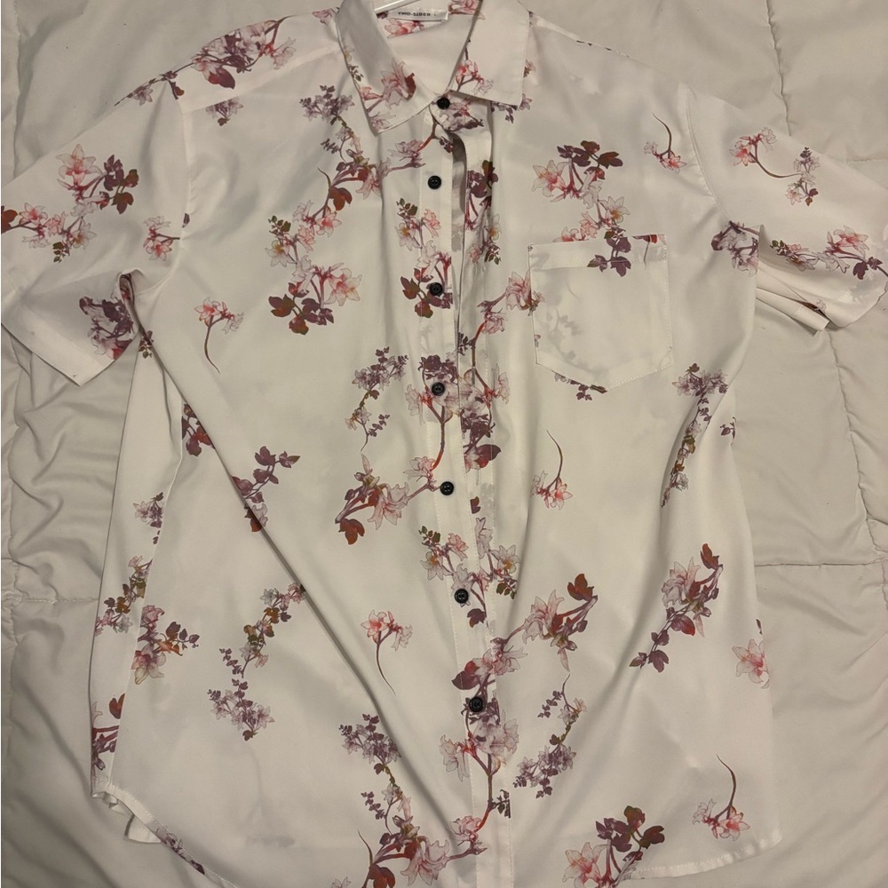 Men's Floral Casual Button Down Shirt - White and Pink